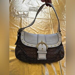 Y2KCoach Signature Canvas Shoulder Bag with Taupe Leather Trim and Gold Hardware